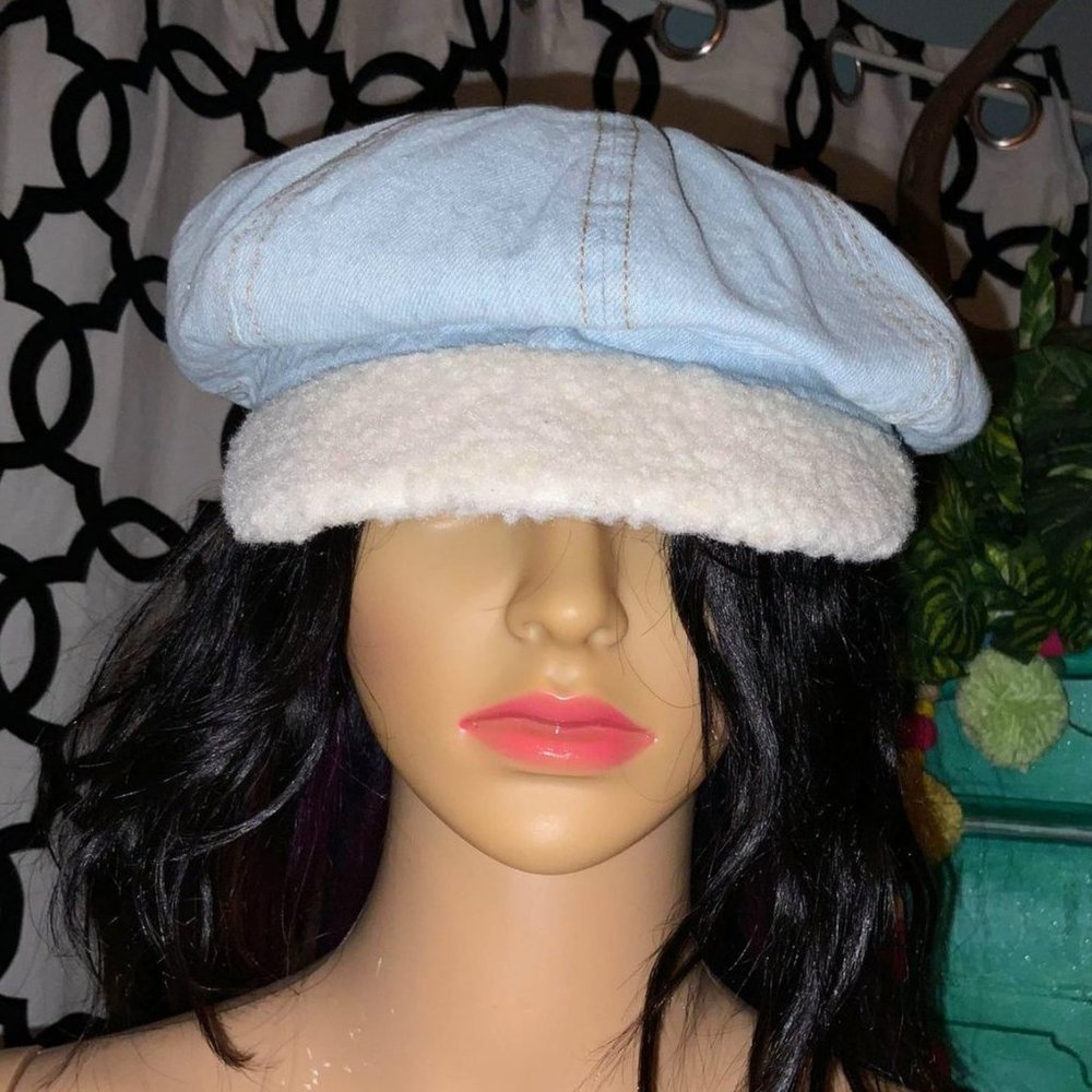 Denim and Faux Shearling Cabbie Hat